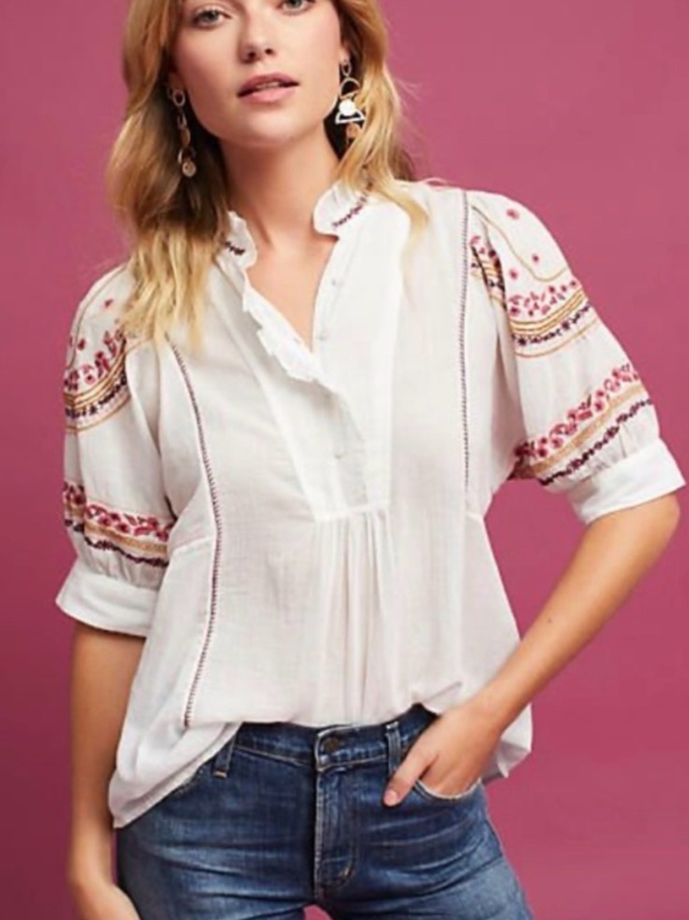 Anthropologie White Peasant Blouse with Multicolor Embroidery